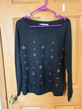 4/$20 - Maurices Embellished Black Lace Front Long Sleeve Top